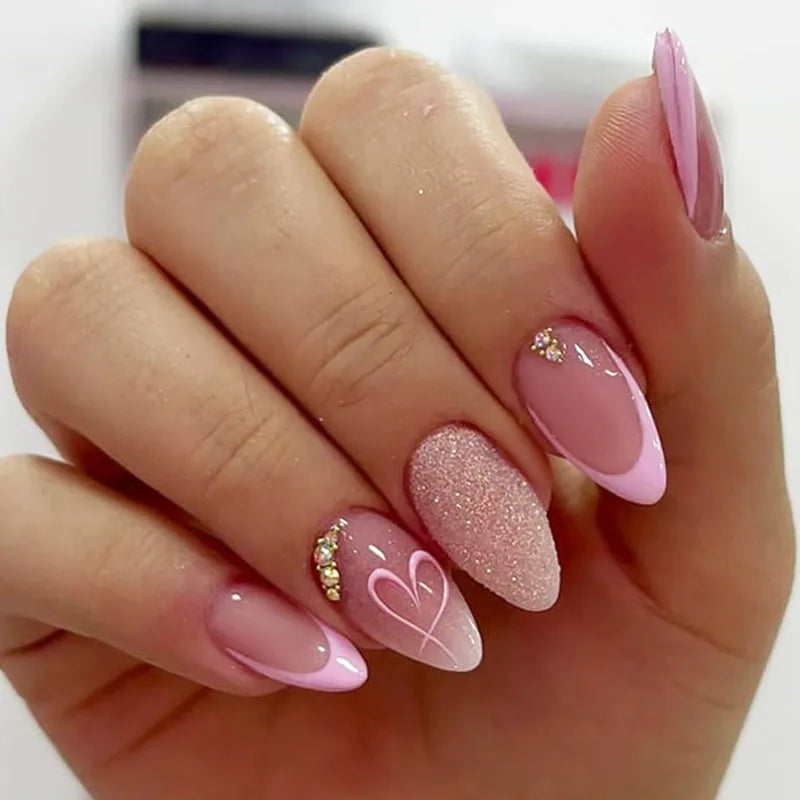 Pixor 24Pcs Glitter Gradient Love Fake Nails Short Almond French Design Valentine Day Party Pink Press on Nails
