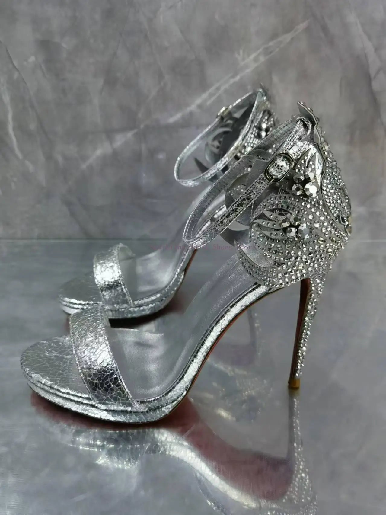 Pixor Woman Bling Rhinestone Thin High Heel Sandal Shoes Luxury Genuine Leather Female