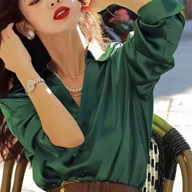 Satin Vintage Women's Shirts Spring/summer New Solid Korean Clothing Loose Long Sleeves