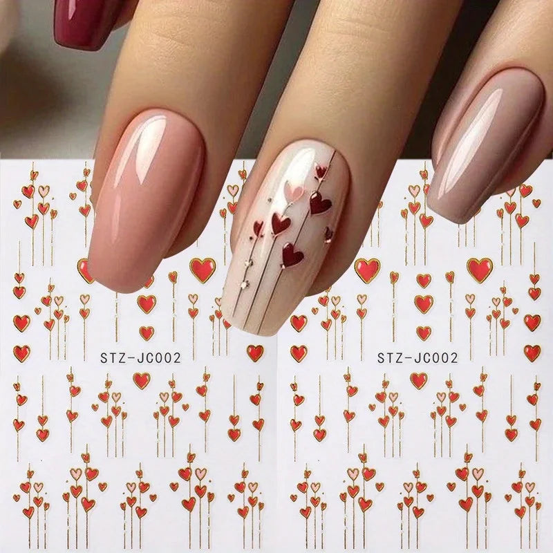 Pixor 1pcs 3D Valentine'S Day Heart & Golden Stripe Nail Stickers - Romantic Red & Pink Adhesive Nail Art Decals with Heart Lines