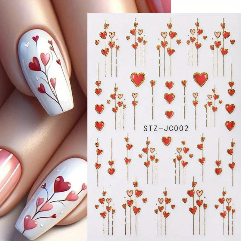 Pixor 1pcs 3D Valentine'S Day Heart & Golden Stripe Nail Stickers - Romantic Red & Pink Adhesive Nail Art Decals with Heart Lines