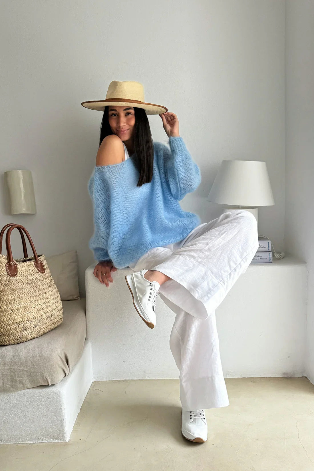 Pixor Women'S Casual Sweater   Soft  Comfortable Off Shoulder Pullover in Light Blue