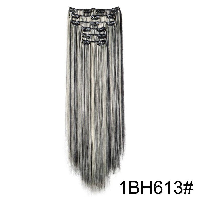 Pixor Synthetic 24Inch 16 Clips in Hair Extensions Long Straight Hairstyle Blonde Black Hairpieces