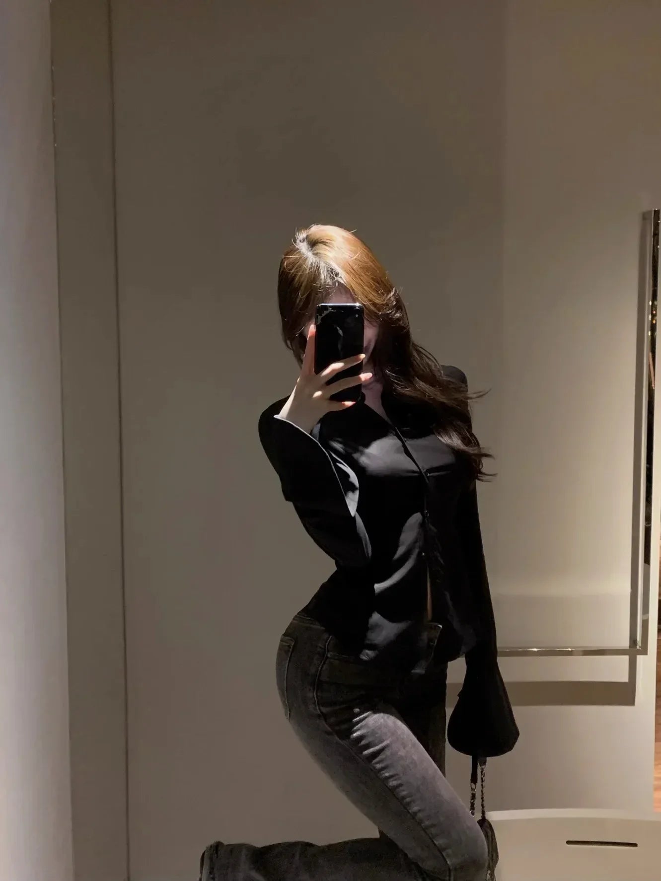 Women Sexy Solid Color Slim Chiffon Shirt Turn-down Collar Flare Sleeve