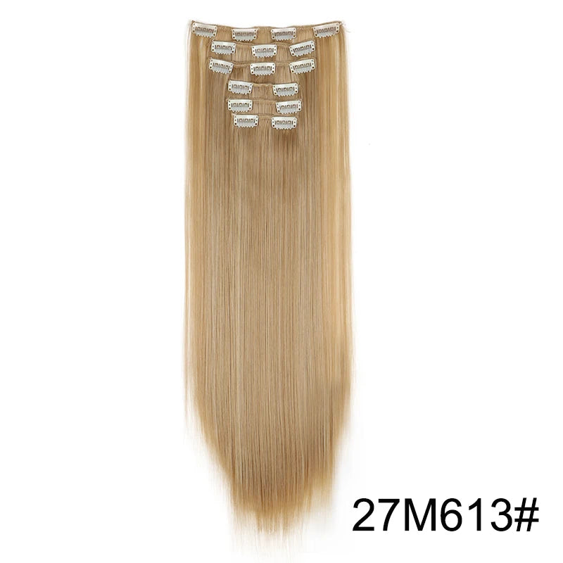 Pixor Synthetic 24Inch 16 Clips in Hair Extensions Long Straight Hairstyle Blonde Black Hairpieces