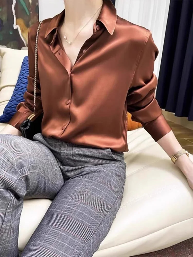 Satin Vintage Women's Shirts Spring/summer New Solid Korean Clothing Loose Long Sleeves