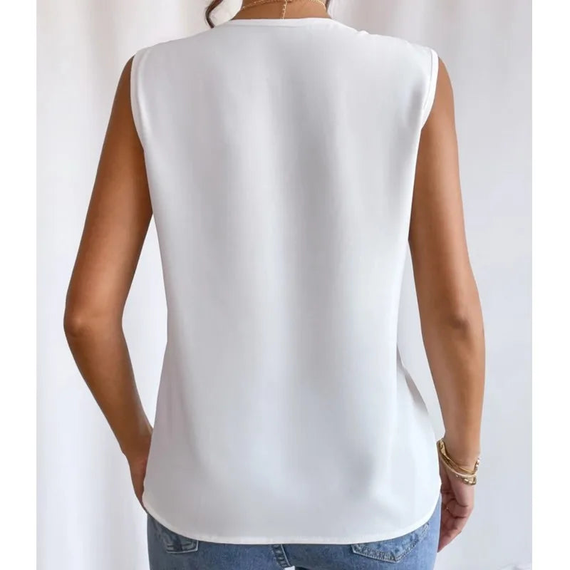 Pixor Lady Sleeveless Orange Blouse 2024 Summer Multi Layered V-neck Solid Tank Top