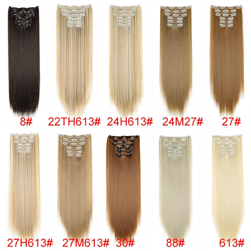 Pixor Synthetic 24Inch 16 Clips in Hair Extensions Long Straight Hairstyle Blonde Black Hairpieces