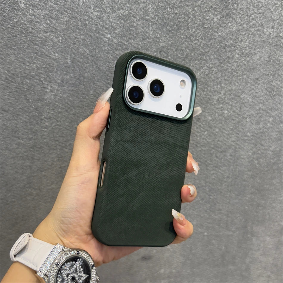 Pixor Luxury Alloy Len Frame Fiber Leather Magnetic Case For iPhone 17 16 Pro Max 15 14 13 12 For Magsafe
