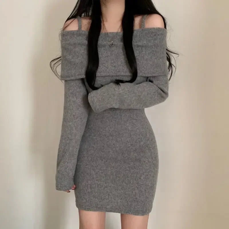 Pixor Korean Chic Knitted Dress Collar Flip Rope Texture Short Skirt Bodycon Style