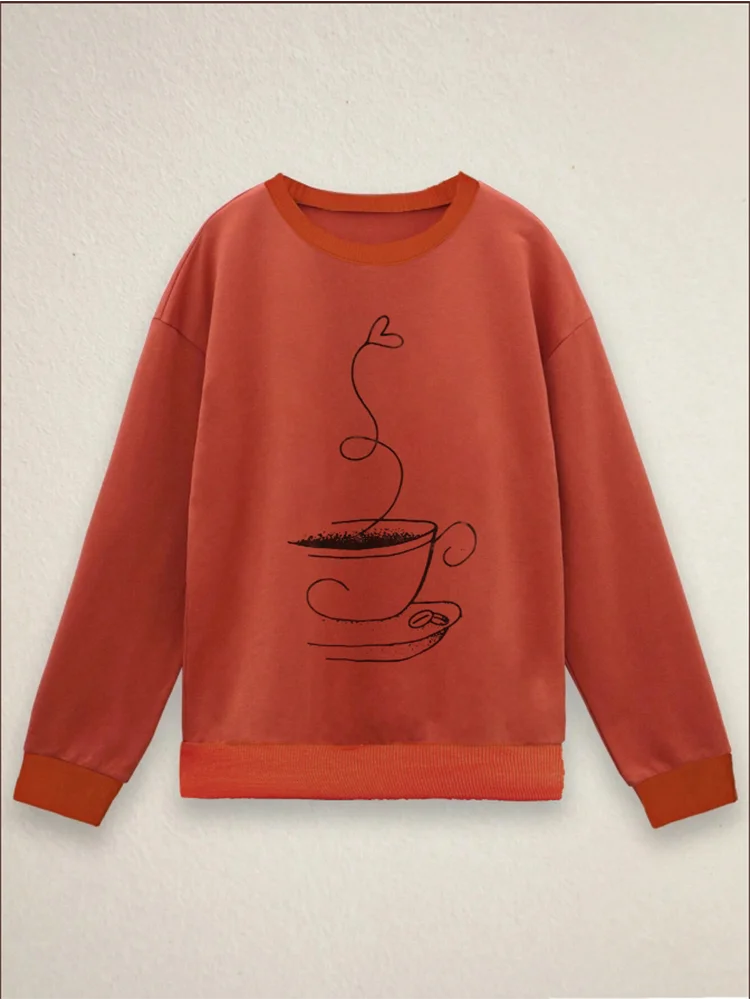 Pixor Geometric Print Long Sleeved Orange Round Neck Women's T-shirt Street Versatile Casual