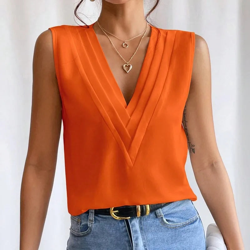 Pixor Lady Sleeveless Orange Blouse 2024 Summer Multi Layered V-neck Solid Tank Top