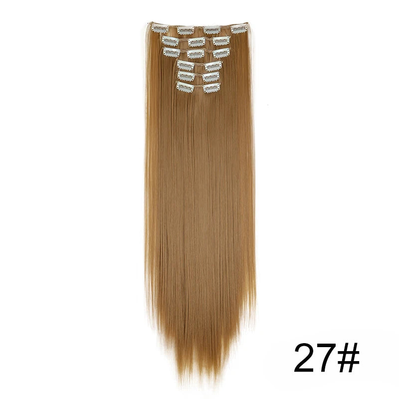 Pixor Synthetic 24Inch 16 Clips in Hair Extensions Long Straight Hairstyle Blonde Black Hairpieces