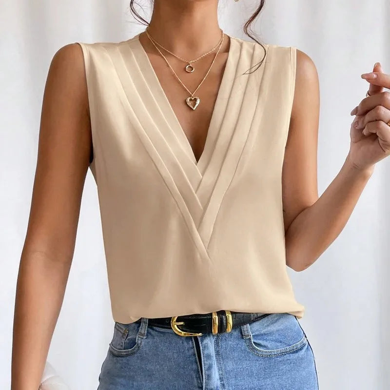 Pixor Lady Sleeveless Orange Blouse 2024 Summer Multi Layered V-neck Solid Tank Top