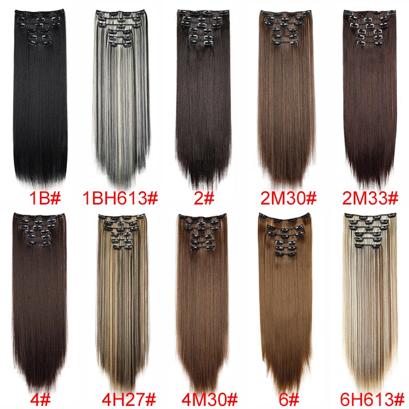 Pixor Synthetic 24Inch 16 Clips in Hair Extensions Long Straight Hairstyle Blonde Black Hairpieces