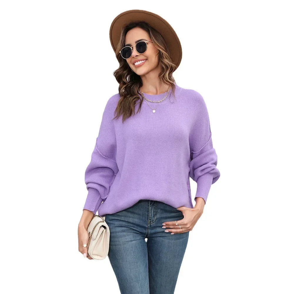 Pixor O-neck Crochet Kintted Sweater Women Loose Orange Y2k Top Long Sleeve Pullovers