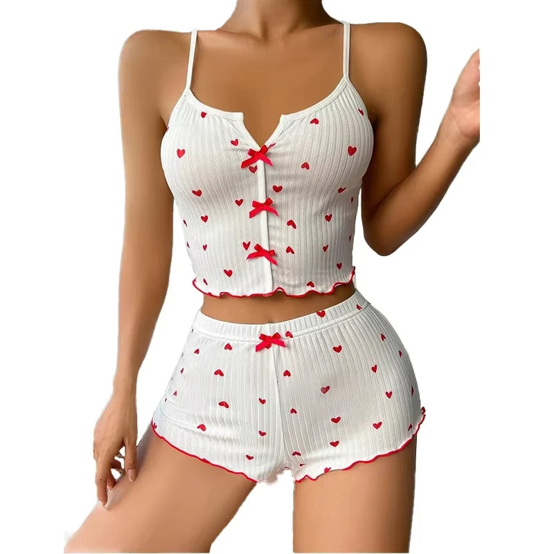 Pixor Sexy Sleepwear Women Pajamas Set Heart Print Silk Stain V-Neck Sleeveless