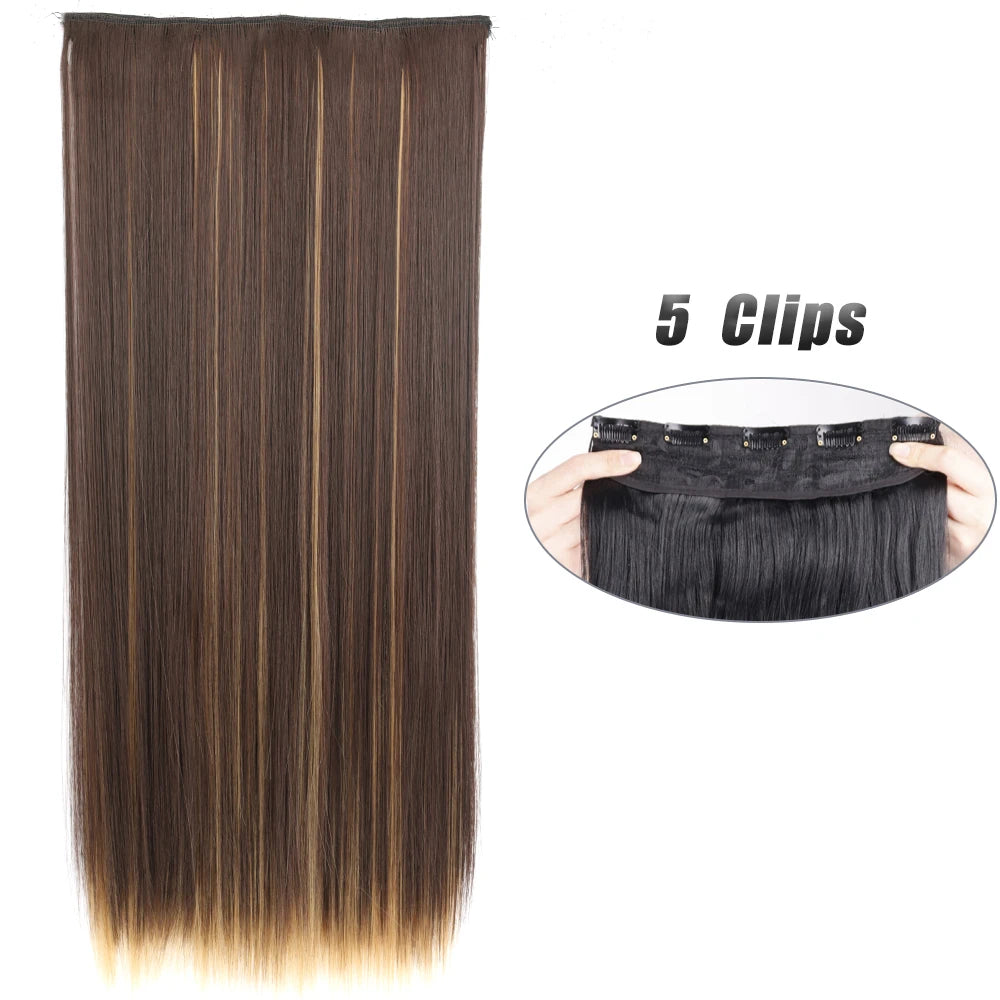 Pixor Synthetic 5 Clip In Hair Extensions Long Straight Hairstyle Hairpiece Black Brown Blonde Fake Hair For Women
