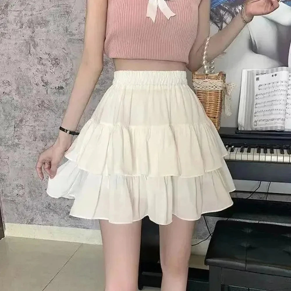 Pixor Pleated A-line Skirt White Women Ruffles Sweet Hottie Preppy Style