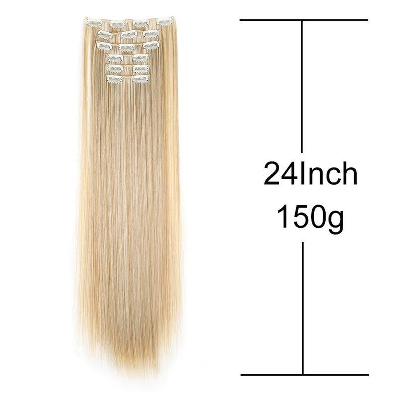 Pixor Synthetic 24Inch 16 Clips in Hair Extensions Long Straight Hairstyle Blonde Black Hairpieces