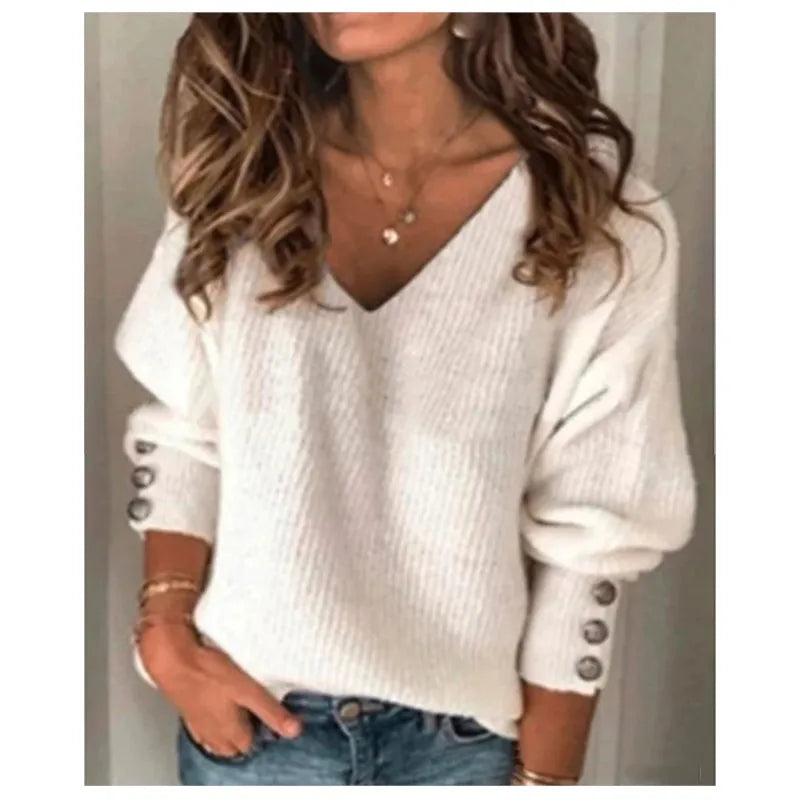 Pixor New Women's Loose Long Sleeve T-shirt Solid Color V-neck Knitted Top