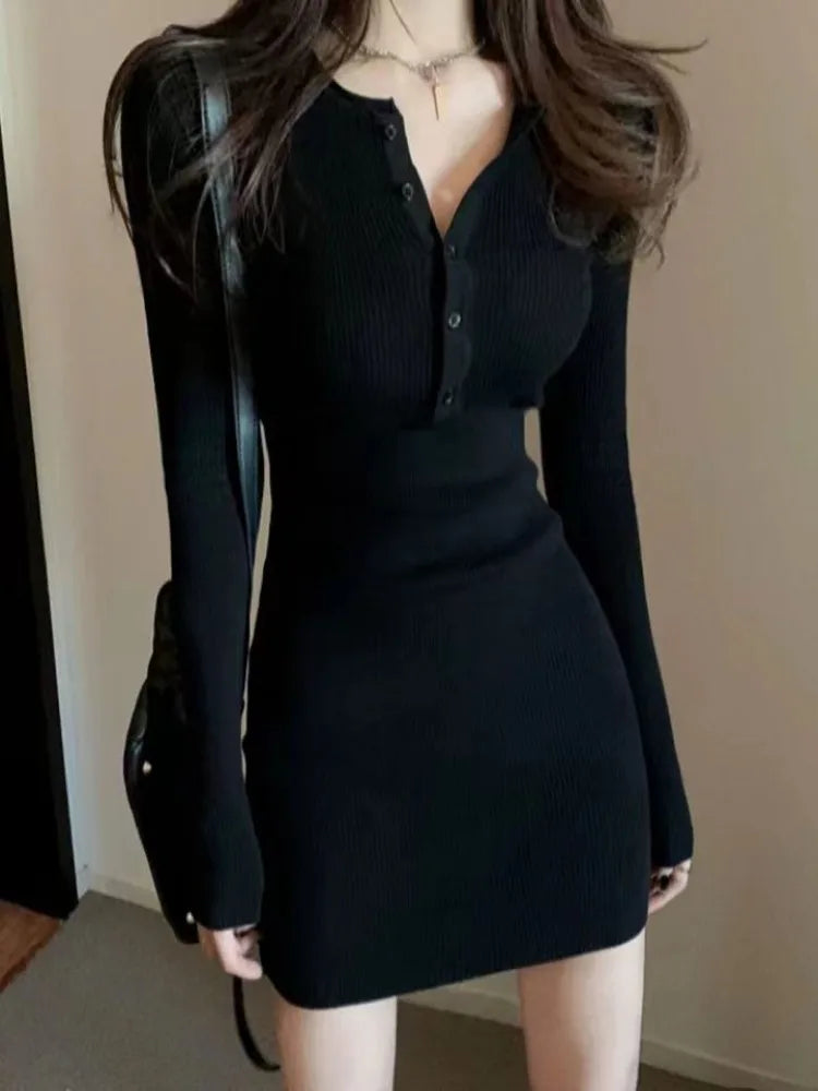 Pixor Autumn Winter Mini Dress Women V Neck Button Bodycon Dresses