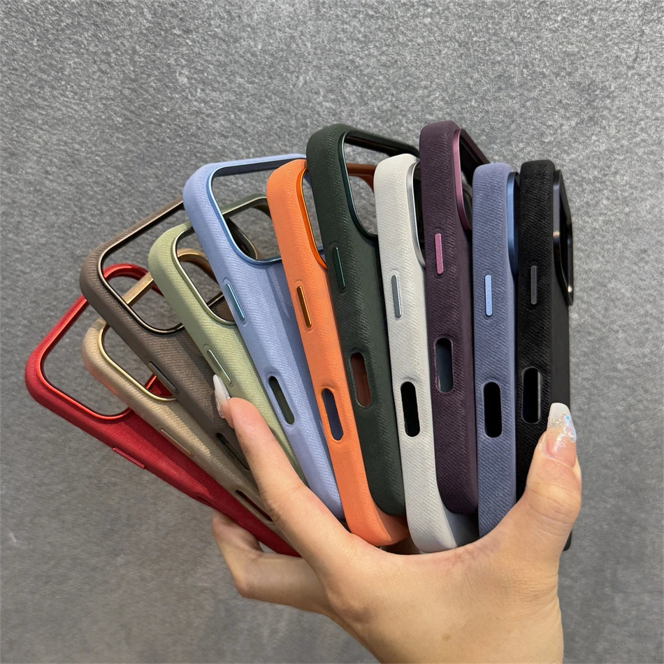 Pixor Luxury Alloy Len Frame Fiber Leather Magnetic Case For iPhone 17 16 Pro Max 15 14 13 12 For Magsafe
