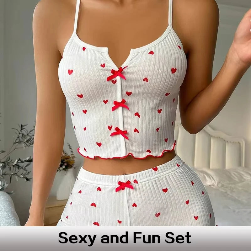 Pixor Sexy Sleepwear Women Pajamas Set Heart Print Silk Stain V-Neck Sleeveless