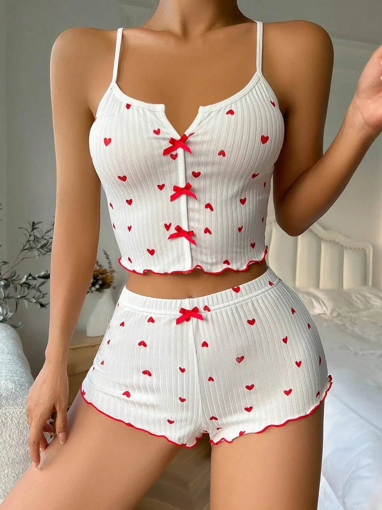Pixor Sexy Sleepwear Women Pajamas Set Heart Print Silk Stain V-Neck Sleeveless