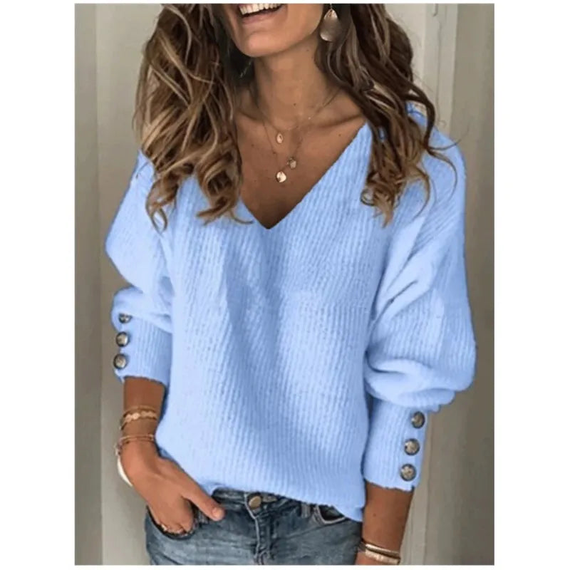 Pixor New Women's Loose Long Sleeve T-shirt Solid Color V-neck Knitted Top