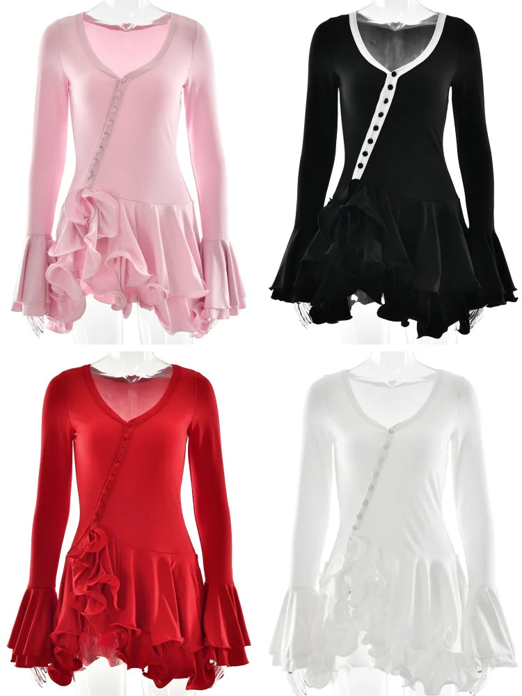 Pixor Women's A-Line Bodycon Mini Dress Ruffle Hem V-Neck Asymmetrical Buttons