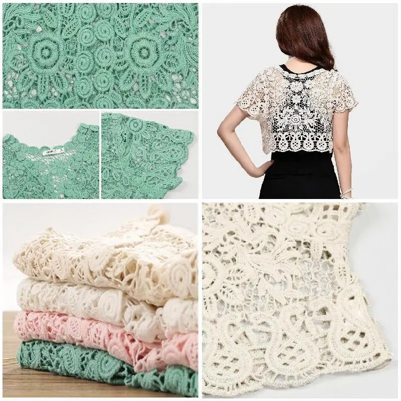 Pixor Women Short Sleeve Crochet Shrugs Hollow Out Flower Lace