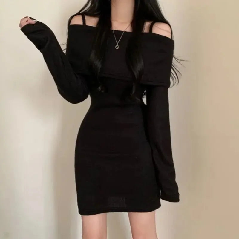 Pixor Korean Chic Knitted Dress Collar Flip Rope Texture Short Skirt Bodycon Style