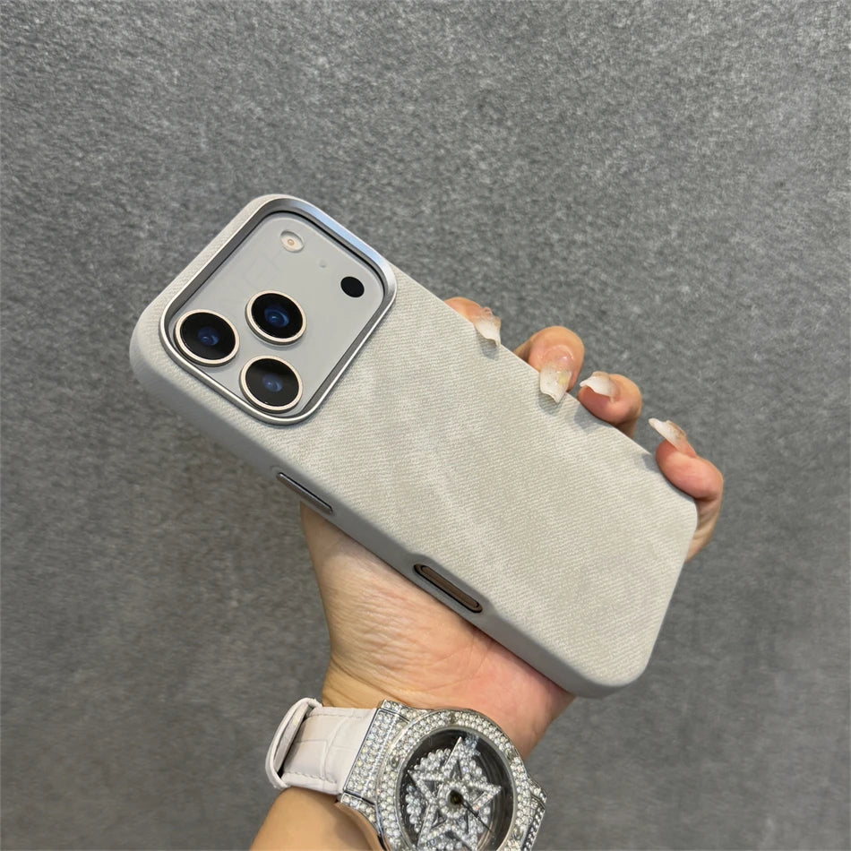 Pixor Luxury Alloy Len Frame Fiber Leather Magnetic Case For iPhone 17 16 Pro Max 15 14 13 12 For Magsafe