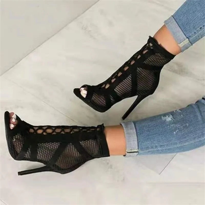 Pixor New Fashion Show Black Net Fabric Cross Strap Sexy High Heel Sandals Woman