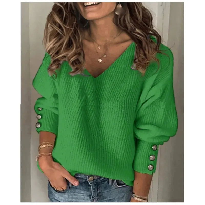 Pixor New Women's Loose Long Sleeve T-shirt Solid Color V-neck Knitted Top