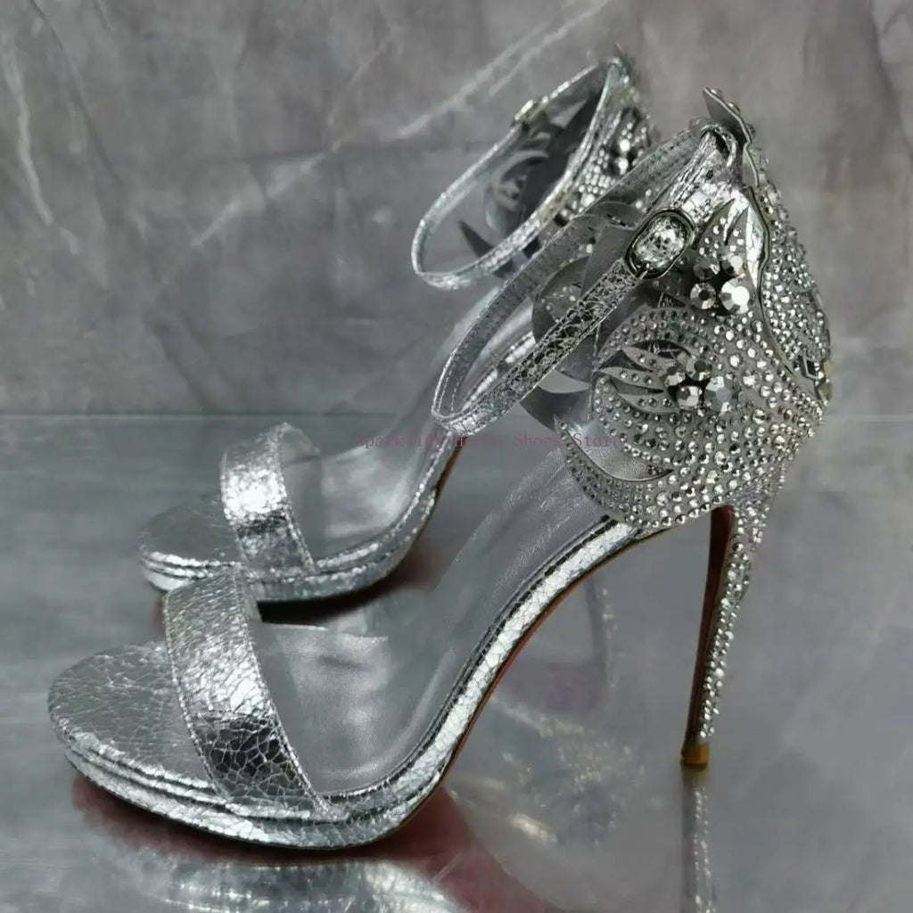 Pixor Woman Bling Rhinestone Thin High Heel Sandal Shoes Luxury Genuine Leather Female