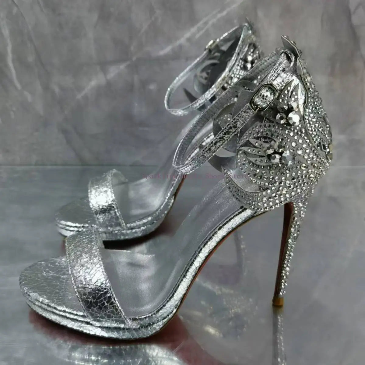 Pixor Woman Bling Rhinestone Thin High Heel Sandal Shoes Luxury Genuine Leather Female