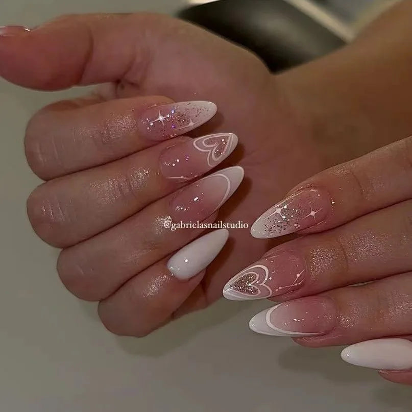 Pixor 24Pcs Glitter Gradient Love Fake Nails Short Almond French Design Valentine Day Party Pink Press on Nails