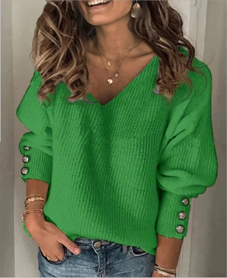 Pixor New Women's Loose Long Sleeve T-shirt Solid Color V-neck Knitted Top