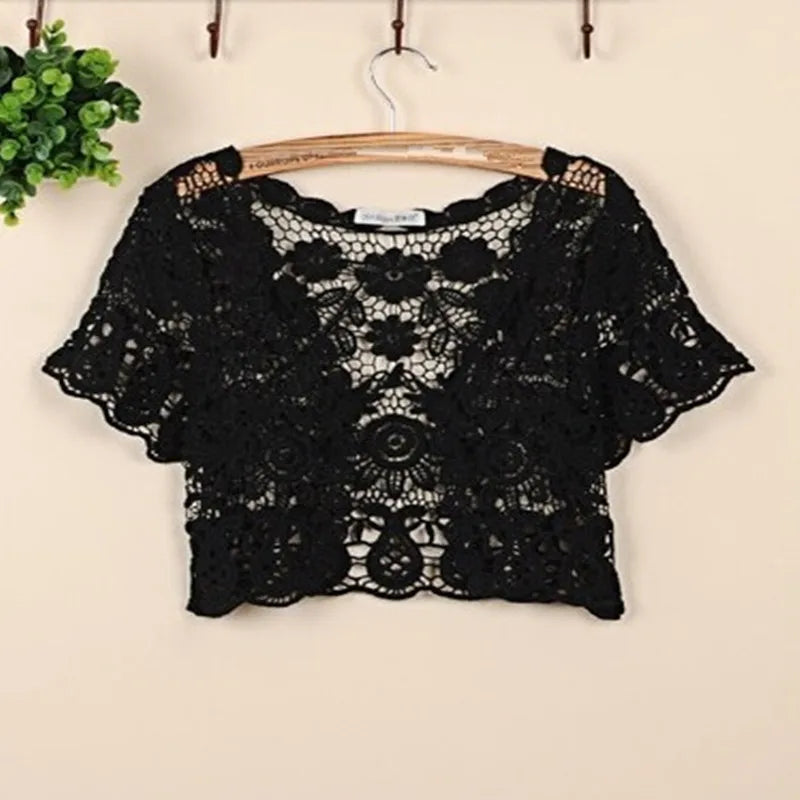 Pixor Women Short Sleeve Crochet Shrugs Hollow Out Flower Lace