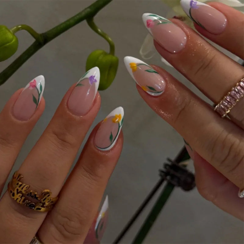 Pixor 24Pcs Green Cat's Eye Design Press on False Nails with Flower Pattern Short Almond Round Head Nails Set Tips