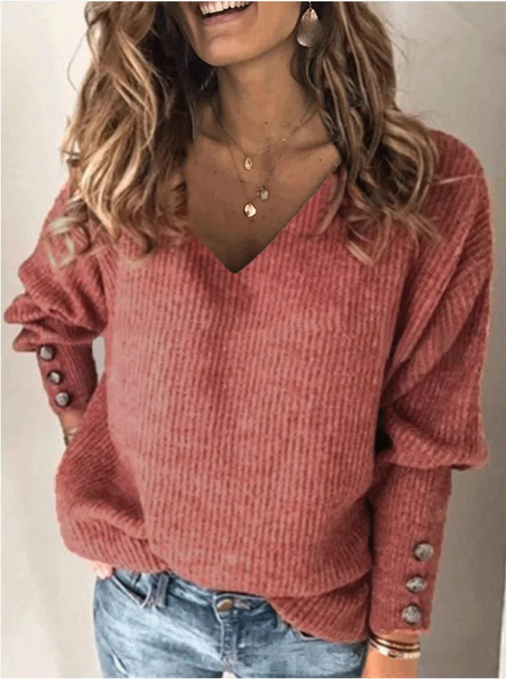 Pixor New Women's Loose Long Sleeve T-shirt Solid Color V-neck Knitted Top