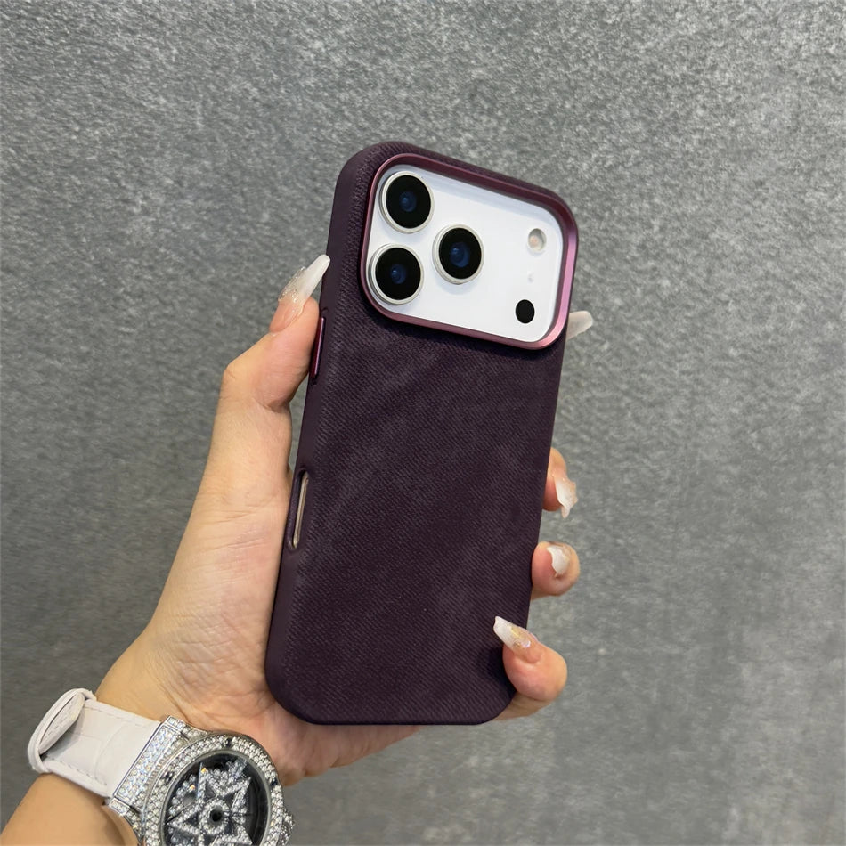 Pixor Luxury Alloy Len Frame Fiber Leather Magnetic Case For iPhone 17 16 Pro Max 15 14 13 12 For Magsafe