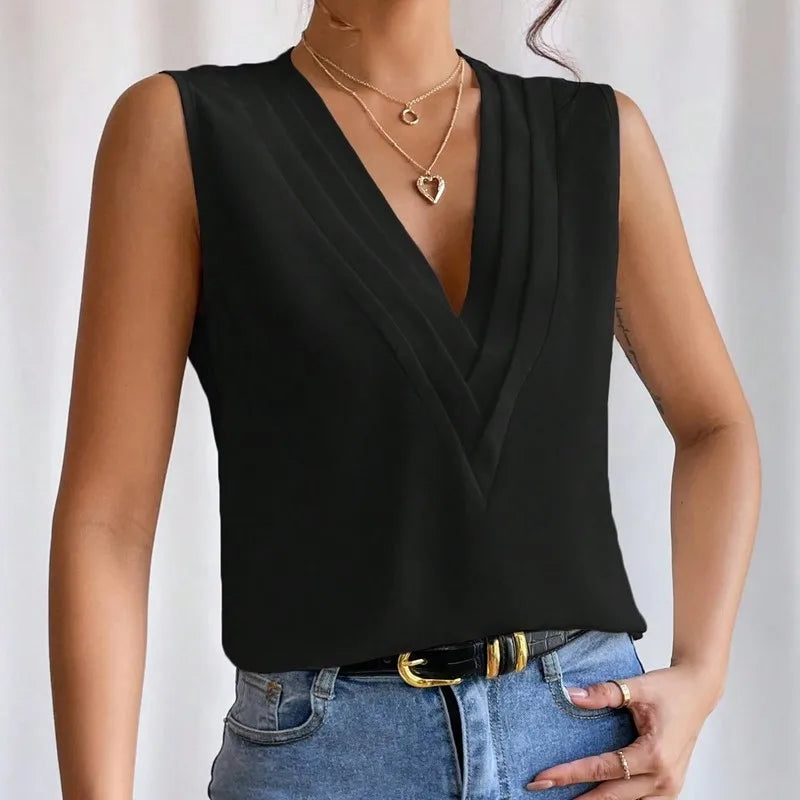 Pixor Lady Sleeveless Orange Blouse 2024 Summer Multi Layered V-neck Solid Tank Top