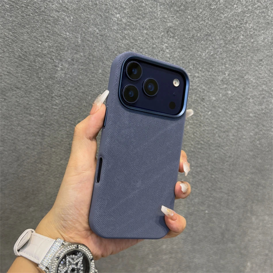 Pixor Luxury Alloy Len Frame Fiber Leather Magnetic Case For iPhone 17 16 Pro Max 15 14 13 12 For Magsafe