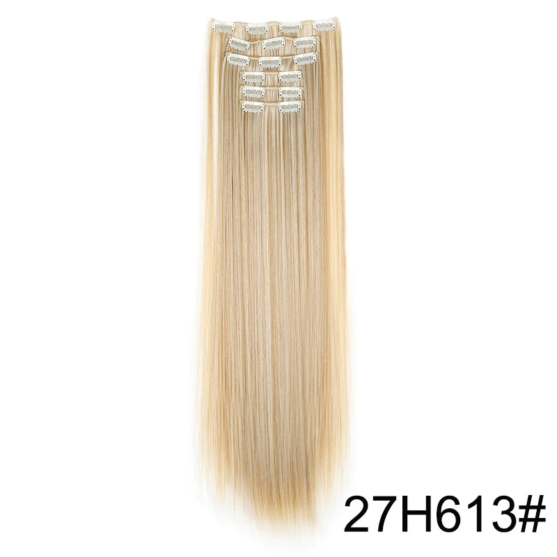 Pixor Synthetic 24Inch 16 Clips in Hair Extensions Long Straight Hairstyle Blonde Black Hairpieces
