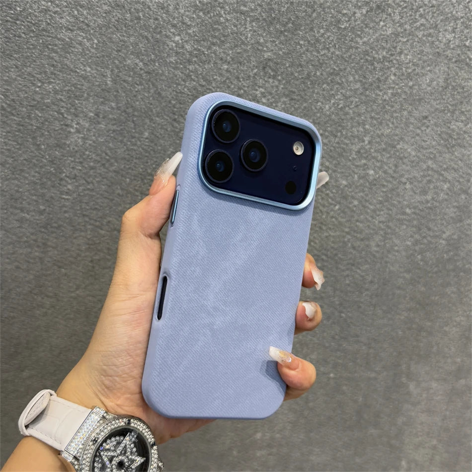 Pixor Luxury Alloy Len Frame Fiber Leather Magnetic Case For iPhone 17 16 Pro Max 15 14 13 12 For Magsafe
