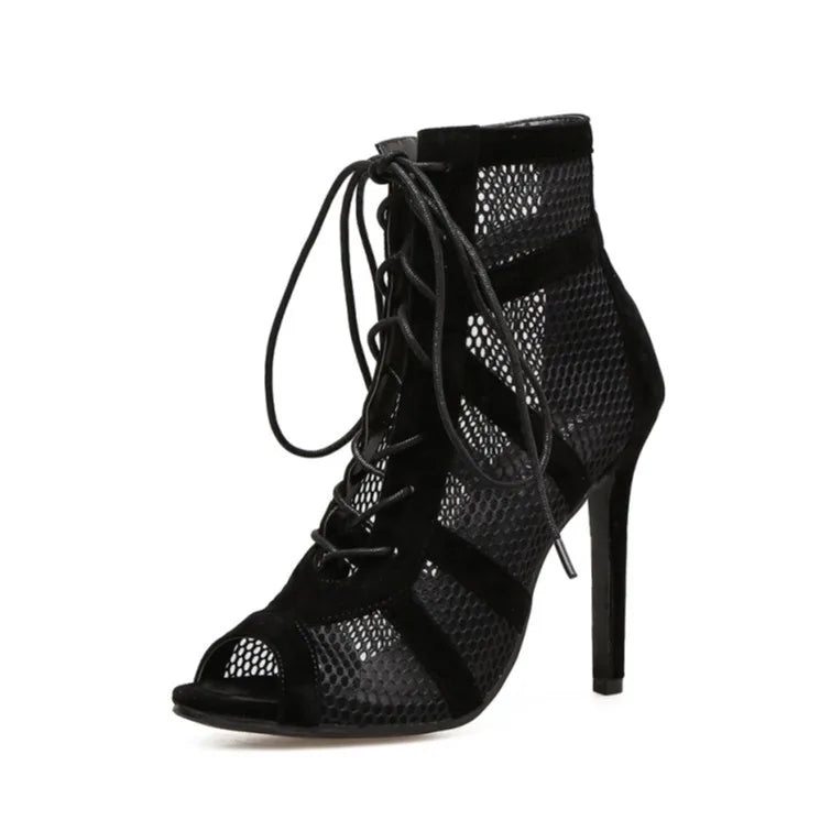 Pixor New Fashion Show Black Net Fabric Cross Strap Sexy High Heel Sandals Woman