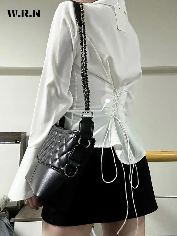 Women Sexy Solid Color Slim Chiffon Shirt Turn-down Collar Flare Sleeve